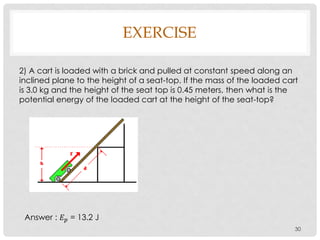 30
2) A cart is loaded with a brick and pulled at constant speed along an
inclined plane to the height of a seat-top. If the mass of the loaded cart
is 3.0 kg and the height of the seat top is 0.45 meters, then what is the
potential energy of the loaded cart at the height of the seat-top?
Answer : 𝐸 𝑝 = 13.2 J
EXERCISE
 