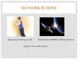 NO WORK IS DONE
7
Figure 3 : No work is done
Figure 3(a) Pushing a wall Figure 3(b) a satellite orbiting in space
 