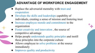 ADVANTAGE OF WORKFORCE ENGAGEMENT
● Replace the adversarial mentality with trust and
cooperation
● Develops the skills and leaderships capability of
individuals, creating a sense of mission and fostering trust
● Increase employee morale and commitment to the
organization
● Foster creativity and innovation , the source of
competitive advantage
● Helps people understands quality principles and instill
these principles into the corporate culture
● Allows employee to solve problems at the source
immediately
● Improves quality and productivity
 