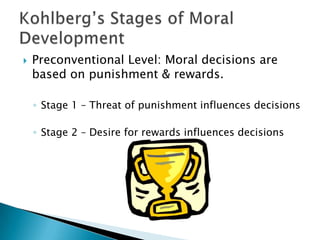 

Preconventional Level: Moral decisions are
based on punishment & rewards.
◦ Stage 1 – Threat of punishment influences decisions

◦ Stage 2 – Desire for rewards influences decisions

 