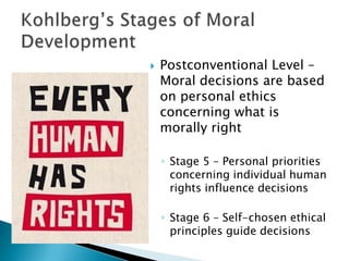 

Postconventional Level –
Moral decisions are based
on personal ethics
concerning what is
morally right
◦ Stage 5 – Personal priorities
concerning individual human
rights influence decisions
◦ Stage 6 – Self-chosen ethical
principles guide decisions

 