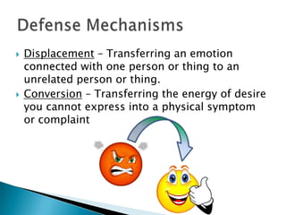 



Displacement – Transferring an emotion
connected with one person or thing to an
unrelated person or thing.
Conversion – Transferring the energy of desire
you cannot express into a physical symptom
or complaint

 