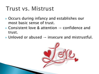 





Occurs during infancy and establishes our
most basic sense of trust.
Consistent love & attention → confidence and
trust.
Unloved or abused → insecure and mistrustful.

 