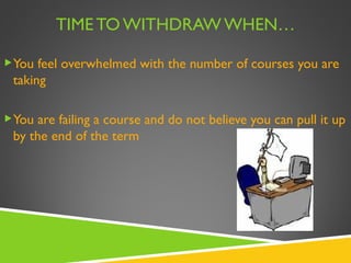 TIME TO WITHDRAW WHEN… You feel overwhelmed with the number of courses you are taking You are failing a course and do not believe you can pull it up by the end of the term 