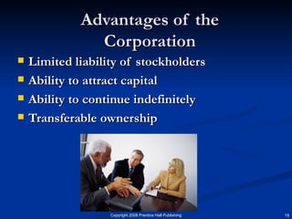 Advantages of the Corporation Limited liability of stockholders Ability to attract capital Ability to continue indefinitely Transferable ownership 