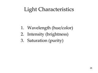 Light Characteristics Wavelength (hue/color) Intensity (brightness) Saturation (purity) 