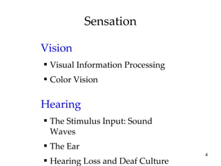 Sensation Vision Visual Information Processing Color Vision Hearing The Stimulus Input: Sound Waves The Ear Hearing Loss and Deaf Culture 