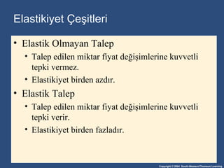 Elastikiyet Çeşitleri Elastik Olmayan Talep  Talep edilen miktar fiyat değişimlerine kuvvetli tepki vermez . Elastikiyet birden azdır . Elasti k   Talep Talep edilen miktar fiyat değişimlerine kuvvetli tepki verir . Elastikiyet birden fazladır .  