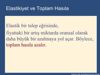Elasti kiyet   ve  To plam Hasıla Elastik bir talep eğrisinde ,  fiyattaki bir artış miktarda oransal olarak daha büyük bir azalmaya yol açar .  Böylece ,  to plam   hasıla azalır . 