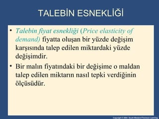 TALEBİN ESNEKLİĞİ Talebin fiyat esnekliği   ( Price elasticity of demand)   fiyatta oluşan bir yüzde değişim karşısında talep edilen miktardaki yüzde değişimdir .  Bir malın fiyatındaki bir değişime o maldan talep edilen miktarın nasıl tepki verdiğinin ölçüsüdür . 
