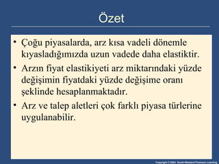 Özet Çoğu piyasalarda, arz kısa vadeli dönemle kıyasladığımızda uzun vadede daha elastiktir. Arzın fiyat elastikiyeti arz miktarındaki yüzde değişimin fiyatdaki yüzde değişime oranı şeklinde hesaplanmaktadır. Arz ve talep aletleri çok farklı piyasa türlerine uygulanabilir. 