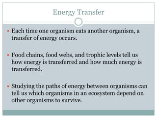 Energy TransferEach time one organism eats another organism, a transfer of energy occurs. Food chains, food webs, and trophic levels tell us how energy is transferred and how much energy is transferred.Studying the paths of energy between organisms can tell us which organisms in an ecosystem depend on other organisms to survive.