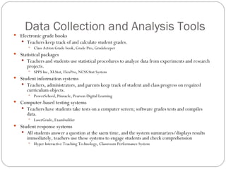 Data Collection and Analysis Tools Electronic grade books Teachers keep track of and calculate student grades. Class Action Grade book, Grade Pro, Gradekeeper Statistical packages Teachers and students use statistical procedures to analyze data from experiments and research projects. SPPS Inc, XLStat, FlexPro, NCSS Stat System Student information systems Teachers, administrators, and parents keep track of student and class progress on required curriculum objects. PowerSchool, Pinnacle, Pearson Digital Learning Computer-based testing systems Teachers have students take tests on a computer screen; software grades tests and compiles data. LaserGrade, Exambuilder Student response systems All students answer a question at the saem time, and the system summarizes/displays results immediately, teachers use these systems to engage students and check comprehension Hyper Interactive Teaching Technology, Classroom Performance System 