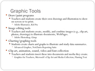 Graphic Tools Draw/paint programs Teachers and students create their own drawings and illustration to show on-screen or to print. Adobe Illustrator, Kid Pix Image editing tools Teachers and students create, modify, and combine images (e.g., clip art, photos, drawings) to illustrate documents, WebPages. Adobe Photoshop, Gimp Charting/graphing tools Students create charts and graphs to illustrate and study data summaries. Advanced Grapher, NetCharts Reporting Suite Clip art, animation, sound, video and font collection Teachers and students insert these into documents and media they create. Graphics for Teachers, Microsoft’s Clip Art and Media Collection, Flaming Text 