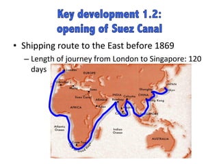 Shipping route to the East before 1869 Length of journey from London to Singapore: 120 days 