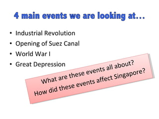 Industrial Revolution Opening of Suez Canal World War I Great Depression  What are these events all about? How did these events affect Singapore? 