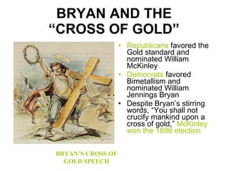 BRYAN AND THE “CROSS OF GOLD” Republicans  favored the Gold standard and nominated William McKinley Democrats  favored Bimetallism and nominated William Jennings Bryan Despite Bryan’s stirring words, “You shall not crucify mankind upon a cross of gold,”  McKinley won the 1896 election BRYAN’S CROSS OF GOLD SPEECH 