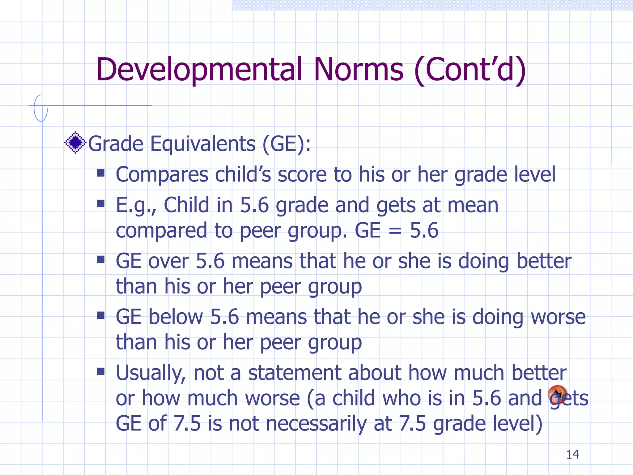 Developmental Norms (Cont’d) Grade Equivalents (GE):  Compares child’s score to his or her grade level E.g., Child in 5.6 grade and gets at mean compared to peer group. GE = 5.6 GE over 5.6 means that he or she is doing better than his or her peer group GE below 5.6 means that he or she is doing worse than his or her peer group Usually, not a statement about how much better or how much worse (a child who is in 5.6 and gets GE of 7.5 is not necessarily at 7.5 grade level) 