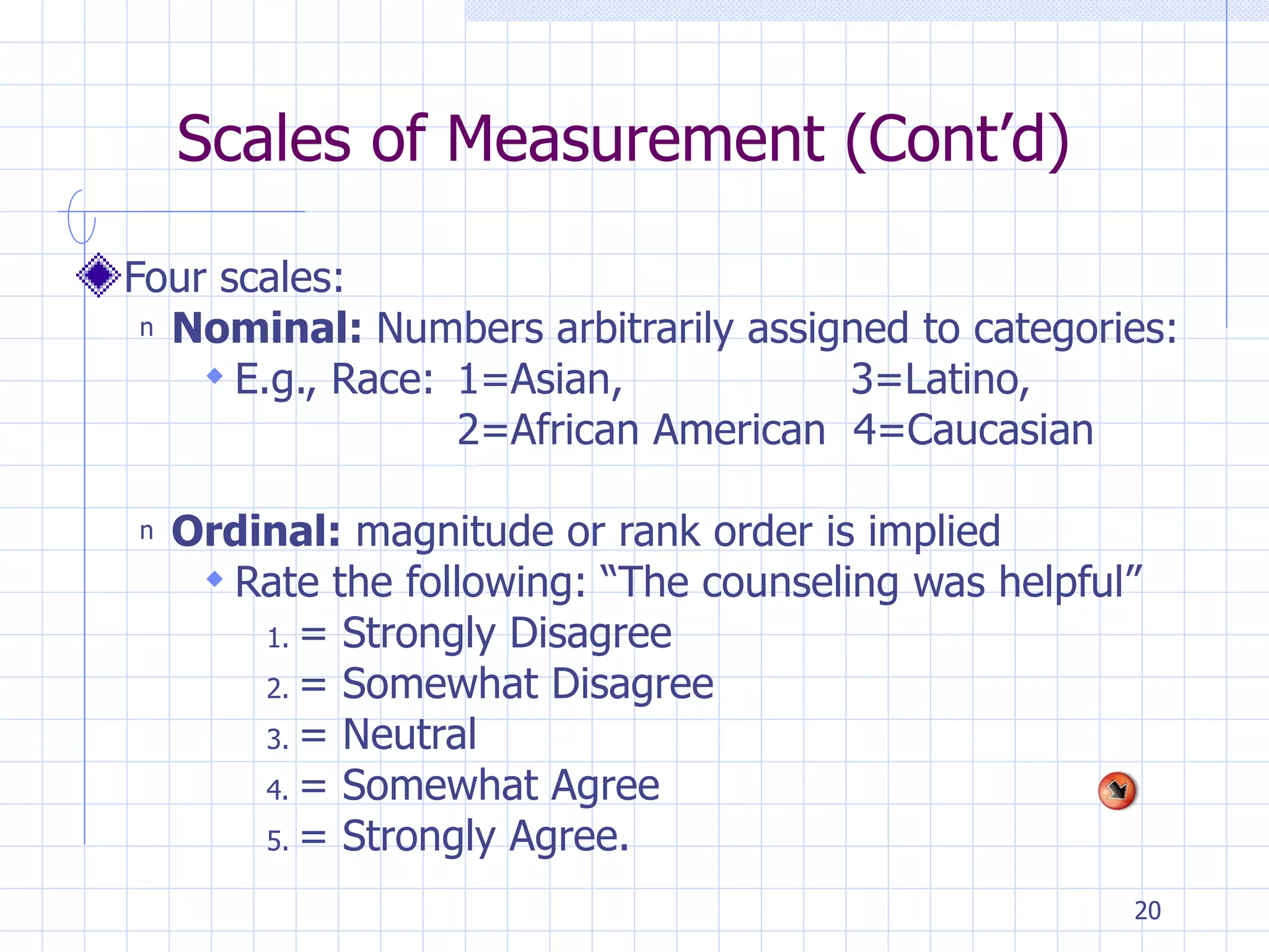 Scales of Measurement (Cont’d) Four scales: Nominal:  Numbers arbitrarily assigned to categories: E.g., Race:  1=Asian,   3=Latino, 2=African American  4=Caucasian Ordinal:  magnitude or rank order is implied Rate the following: “The counseling was helpful” = Strongly Disagree = Somewhat Disagree = Neutral = Somewhat Agree = Strongly Agree.  