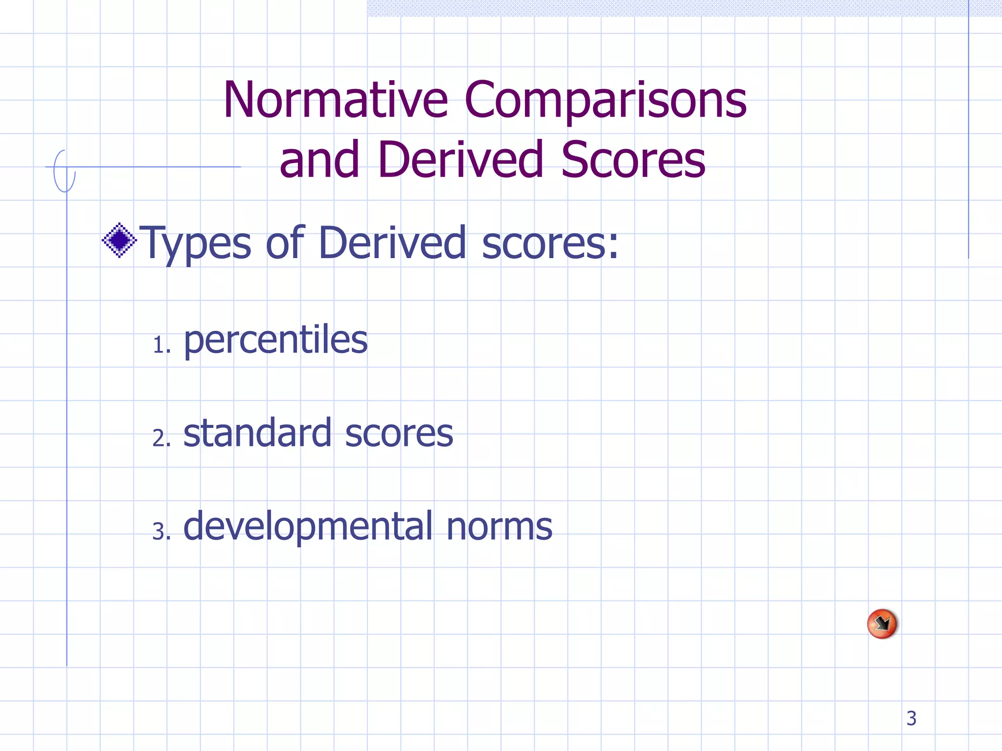 Normative Comparisons  and Derived Scores Types of Derived scores: percentiles standard scores developmental norms 