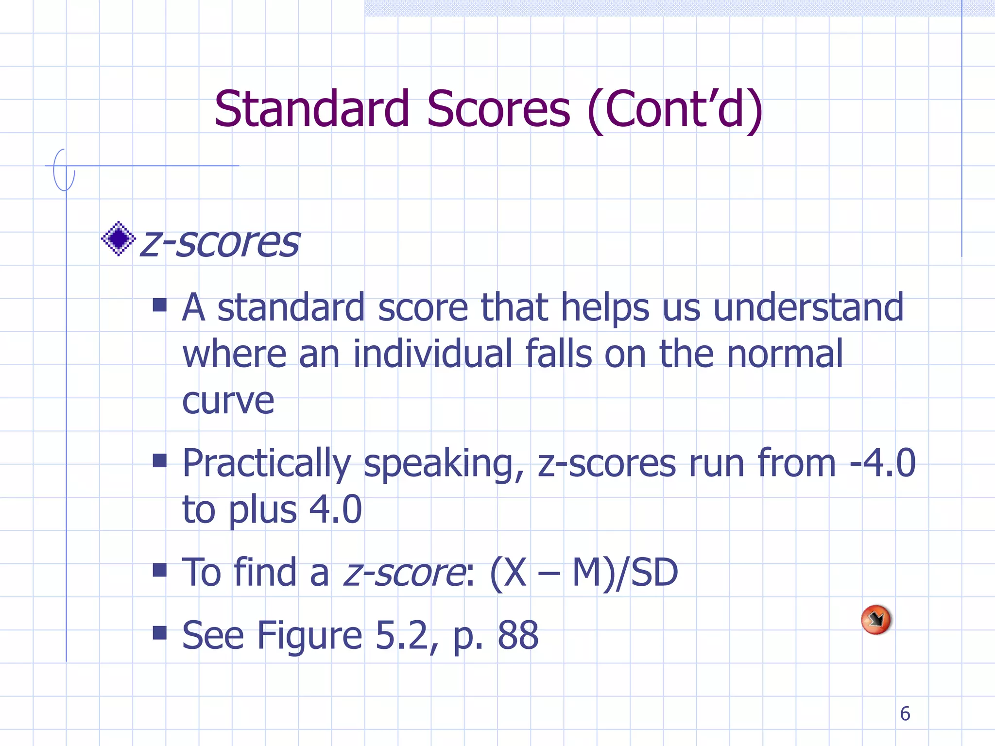 Standard Scores (Cont’d) z-scores  A standard score that helps us understand where an individual falls on the normal curve Practically speaking, z-scores run from -4.0 to plus 4.0 To find a  z-score : (X – M)/SD See Figure 5.2, p. 88 