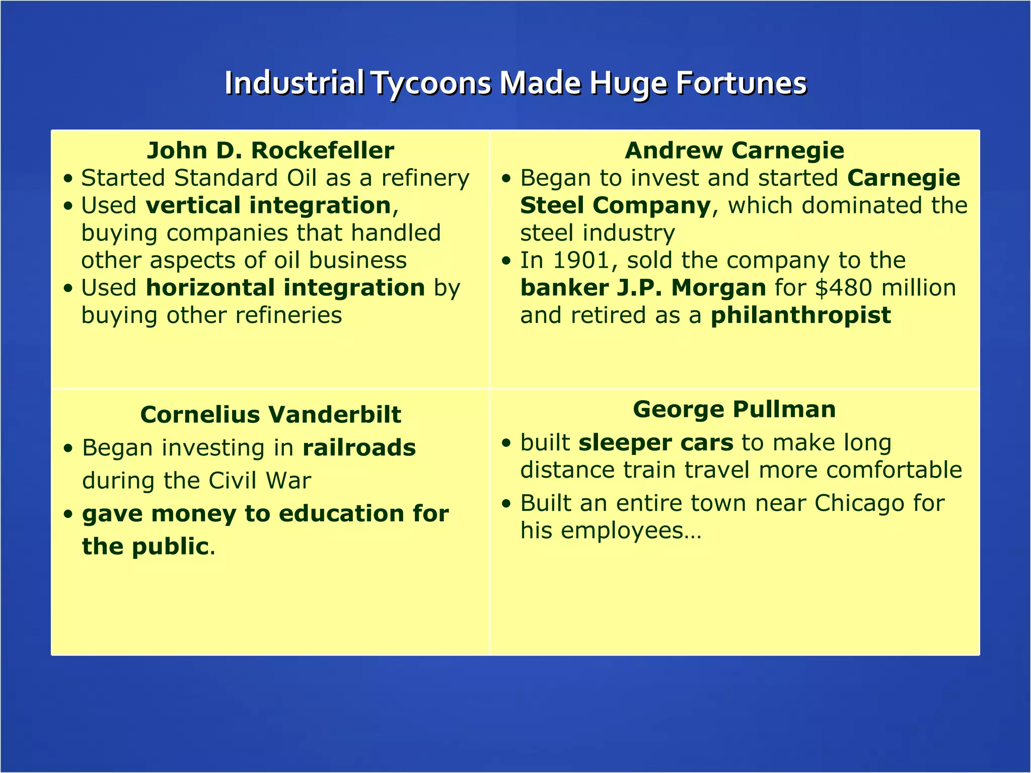 Industrial Tycoons Made Huge Fortunes John D. Rockefeller Started Standard Oil as a refinery Used  vertical integration , buying companies that handled other aspects of oil business Used  horizontal integration  by buying other refineries Andrew Carnegie Began to invest and started  Carnegie Steel Company , which dominated the steel industry In 1901, sold the company to the  banker J.P. Morgan  for $480 million and retired as a  philanthropist Cornelius Vanderbilt Began investing in  railroads  during the Civil War gave money to education for the public . George Pullman built  sleeper cars  to make long distance train travel more comfortable  Built an entire town near Chicago for his employees… 