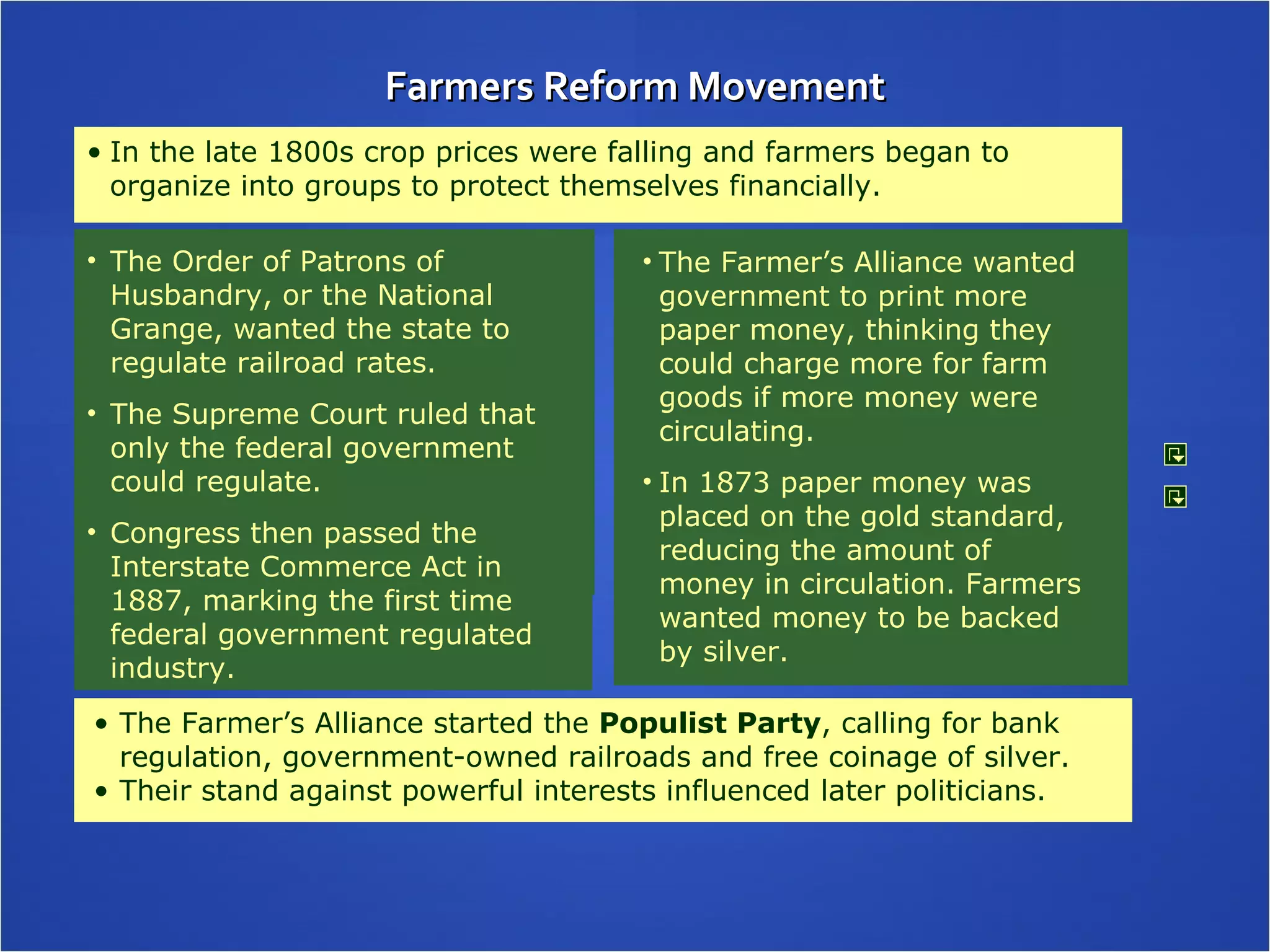 Farmers Reform Movement The Farmer’s Alliance wanted government to print more paper money, thinking they could charge more for farm goods if more money were circulating. In 1873 paper money was placed on the gold standard, reducing the amount of money in circulation. Farmers wanted money to be backed by silver.  In the late 1800s crop prices were falling and farmers began to organize into groups to protect themselves financially.  The Order of Patrons of Husbandry, or the National Grange, wanted the state to regulate railroad rates.  The Supreme Court ruled that only the federal government could regulate. Congress then passed the Interstate Commerce Act in 1887, marking the first time federal government regulated industry. The Farmer’s Alliance started the  Populist Party , calling for bank regulation, government-owned railroads and free coinage of silver. Their stand against powerful interests influenced later politicians. 