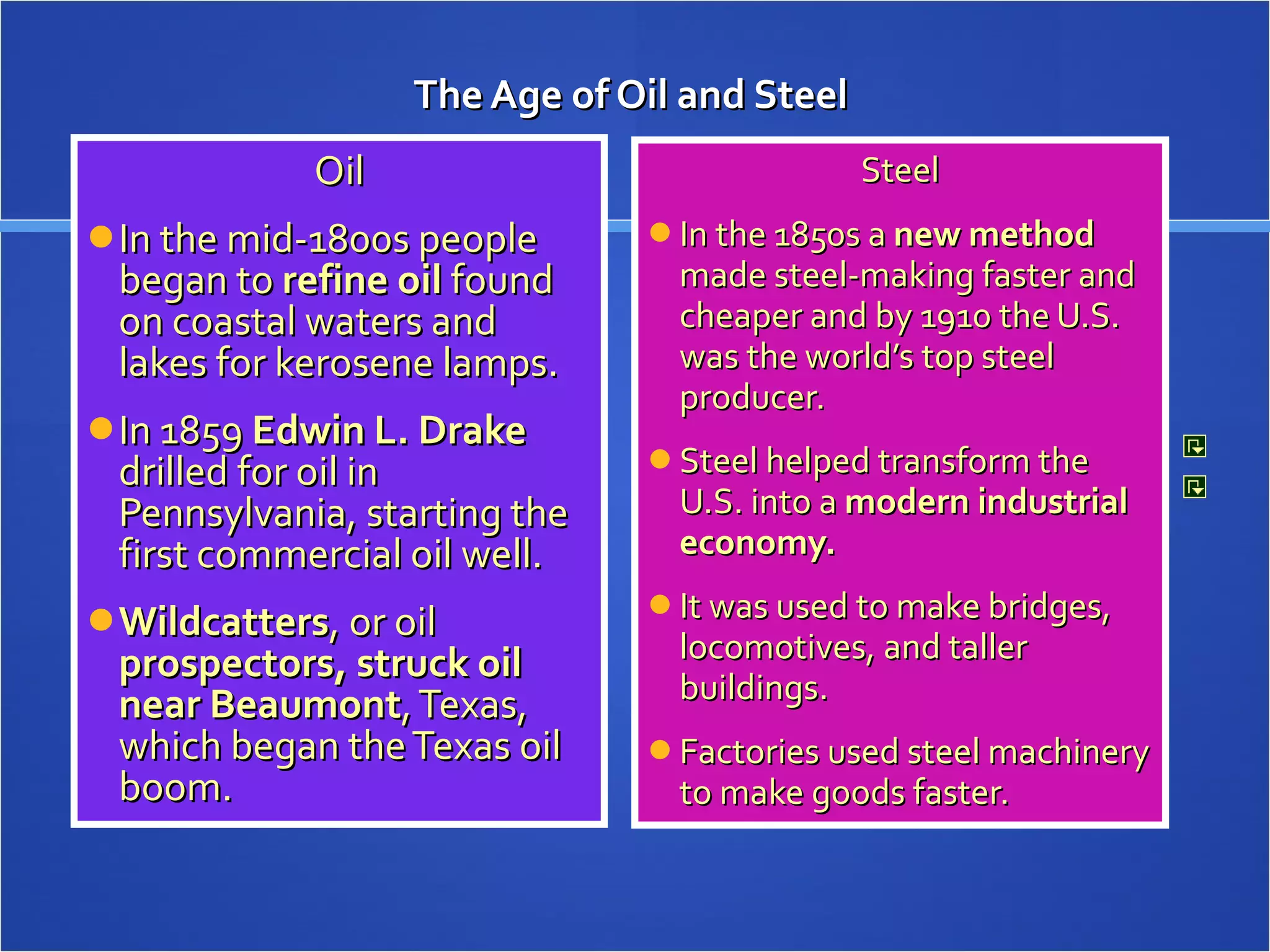 The Age of Oil and Steel  Oil In the mid-1800s people began to  refine oil  found on coastal waters and lakes for kerosene lamps. In 1859  Edwin L. Drake  drilled for oil in Pennsylvania, starting the first commercial oil well. Wildcatters , or oil  prospectors, struck oil near Beaumont , Texas, which began the Texas oil boom. Steel In the 1850s a  new method  made steel-making faster and cheaper and by 1910 the U.S. was the world’s top steel producer. Steel helped transform the U.S. into a  modern industrial economy. It was used to make bridges, locomotives, and taller buildings. Factories used steel machinery to make goods faster. 