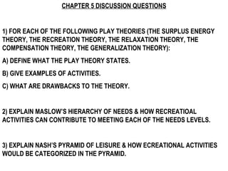 CHAPTER 5 DISCUSSION QUESTIONS 1) FOR EACH OF THE FOLLOWING PLAY THEORIES (THE SURPLUS ENERGY THEORY, THE RECREATION THEORY, THE RELAXATION THEORY, THE COMPENSATION THEORY, THE GENERALIZATION THEORY): A) DEFINE WHAT THE PLAY THEORY STATES. B) GIVE EXAMPLES OF ACTIVITIES. C) WHAT ARE DRAWBACKS TO THE THEORY. 2) EXPLAIN MASLOW’S HIERARCHY OF NEEDS & HOW RECREATIOAL ACTIVITIES CAN CONTRIBUTE TO MEETING EACH OF THE NEEDS LEVELS. 3) EXPLAIN NASH’S PYRAMID OF LEISURE & HOW ECREATIONAL ACTIVITIES WOULD BE CATEGORIZED IN THE PYRAMID.  