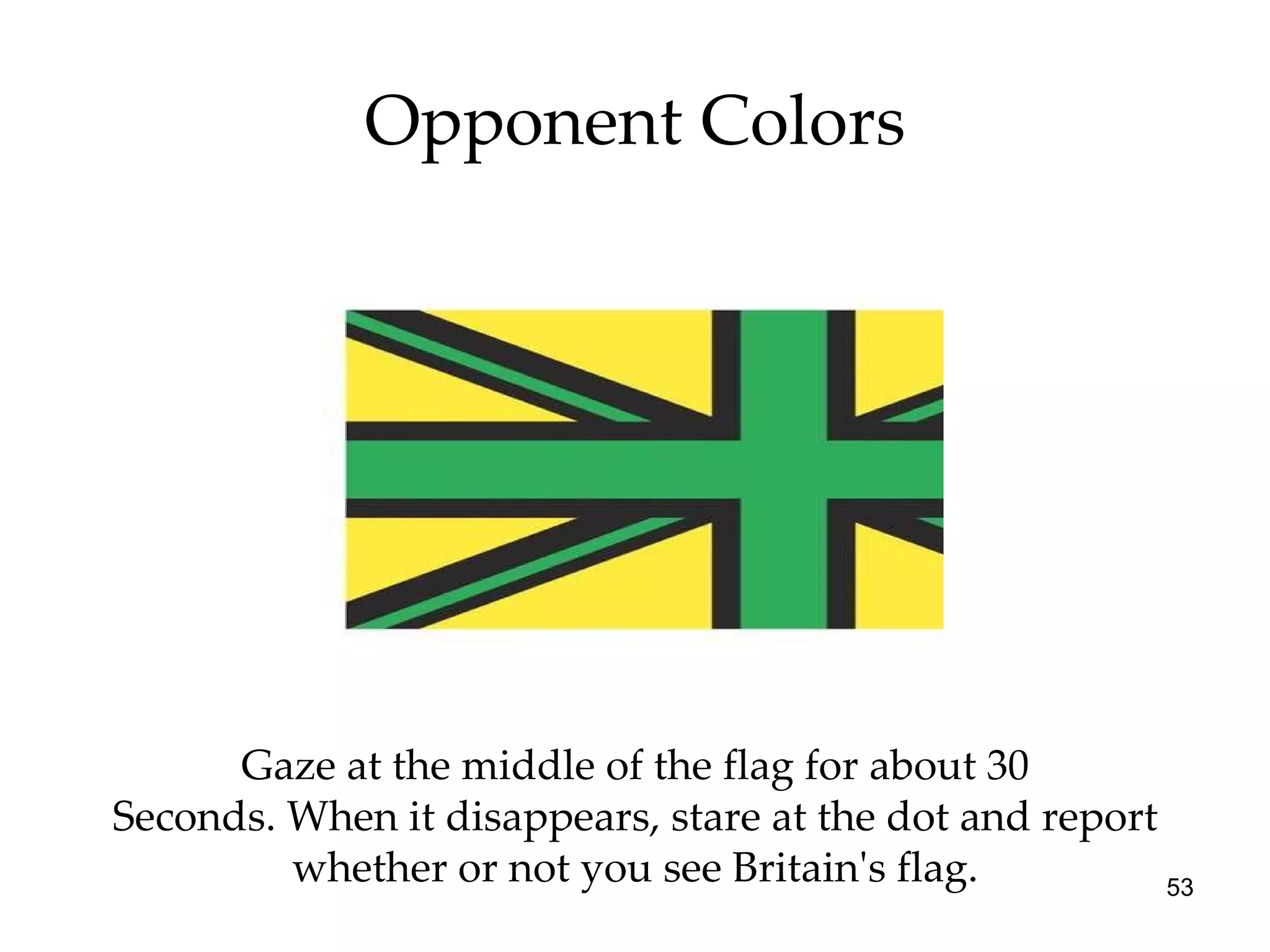 Opponent Colors Gaze at the middle of the flag for about 30 Seconds. When it disappears, stare at the dot and report whether or not you see Britain's flag. 