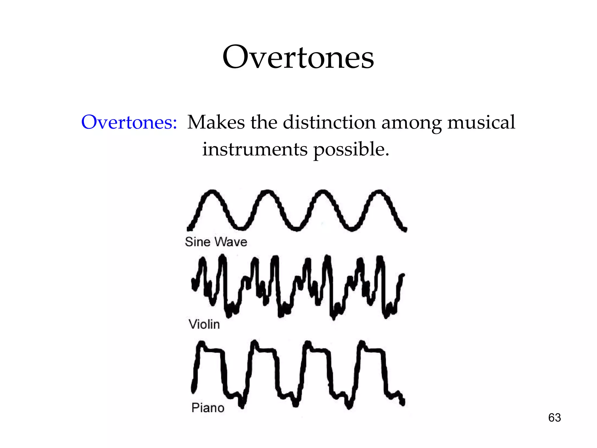 Overtones Overtones:   Makes the distinction among musical instruments possible.  