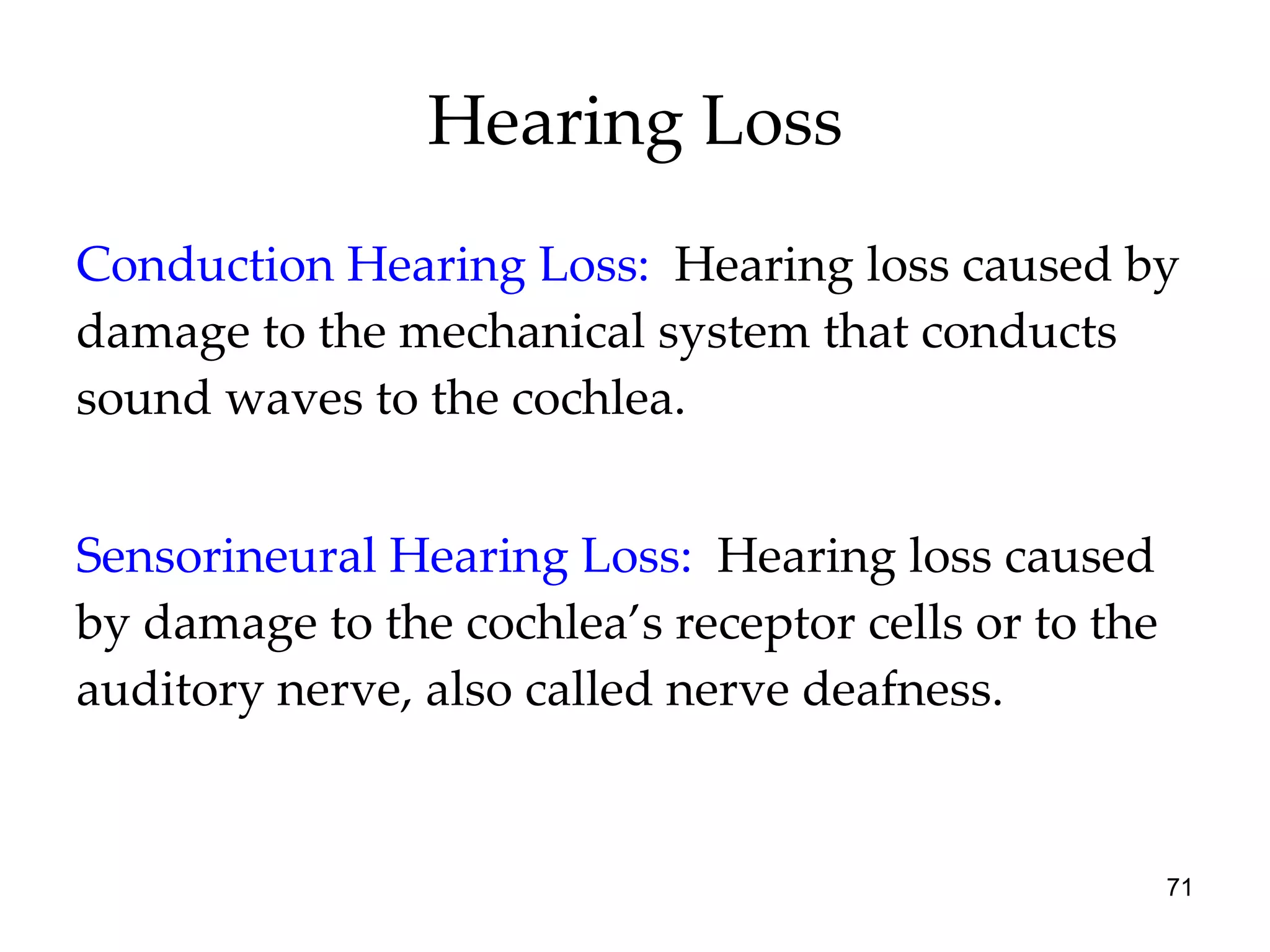 Hearing Loss Conduction Hearing Loss:   Hearing loss caused by damage to the mechanical system that conducts sound waves to the cochlea. Sensorineural Hearing Loss:  Hearing loss caused by damage to the cochlea’s receptor cells or to the auditory nerve, also called nerve deafness. 