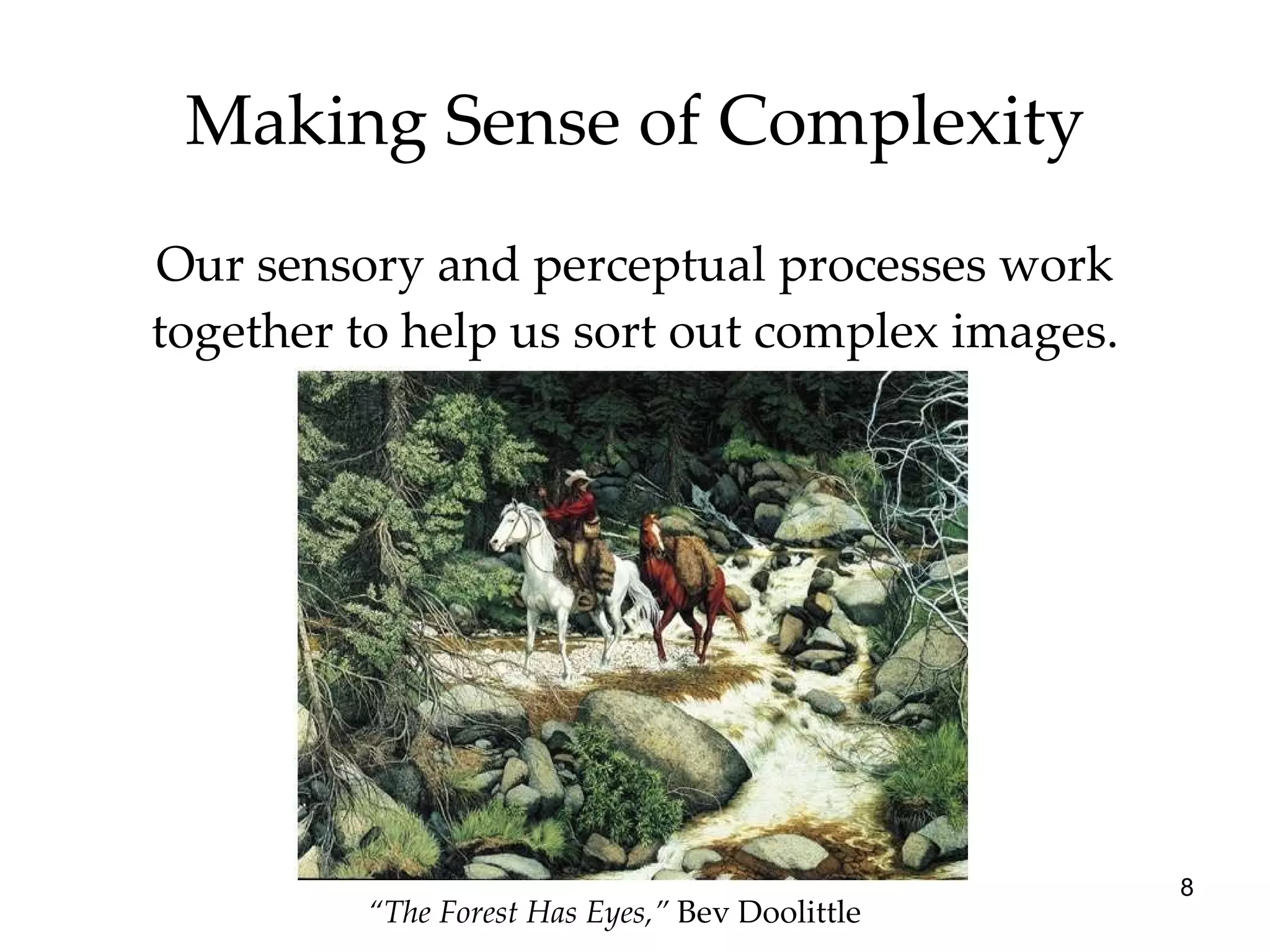 Our sensory and perceptual processes work together to help us sort out complex images. Making Sense of Complexity “ The Forest Has Eyes,”  Bev Doolittle 