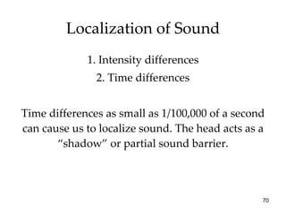 Localization of Sound <ul><li>1. Intensity differences </li></ul><ul><li>2. Time differences </li></ul><ul><li>Time differ...