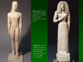 8The Human Figure in Early Greek ArtDiscuss the evolution of the human figure and how it is represented in Greek art. 