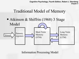 Traditional Model of Memory Atkinson & Shiffrin (1968) 3 Stage Model Information Processing Model  Stimuli Sensory registers Short Term  Memory (STM) Long Term  Memory (LTM) 