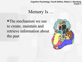 Memory Is … The mechanism we use to create, maintain and retrieve information about the past  
