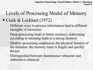 Levels of Processing Model of Memory Craik & Lockhart (1972) Different ways to process information lead to different strengths of memories Deep processing leads to better memory; elaborating according to meaning leads to a strong memory  Shallow processing emphasizes the physical features of the stimulus; the memory trace is fragile and quickly decays  Distinguished between maintenance rehearsal and elaborative rehearsal 