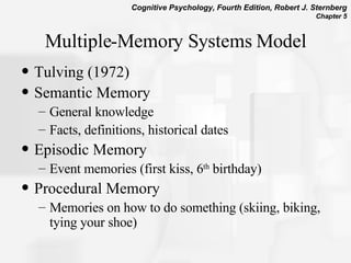 Multiple-Memory Systems Model Tulving (1972) Semantic Memory General knowledge Facts, definitions, historical dates Episodic Memory Event memories (first kiss, 6 th  birthday) Procedural Memory Memories on how to do something (skiing, biking, tying your shoe) 