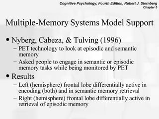 Multiple-Memory Systems Model Support Nyberg, Cabeza, & Tulving (1996) PET technology to look at episodic and semantic memory Asked people to engage in semantic or episodic memory tasks while being monitored by PET    Results   Left (hemisphere) frontal lobe differentially active in encoding (both) and in semantic memory retrieval Right (hemisphere) frontal lobe differentially active in retrieval of episodic memory  