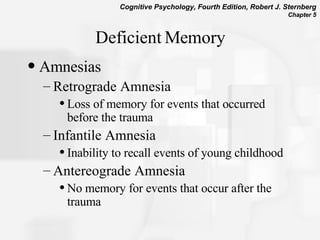Deficient Memory Amnesias  Retrograde Amnesia Loss of memory for events that occurred before the trauma Infantile Amnesia Inability to recall events of young childhood Antereograde Amnesia No memory for events that occur after the trauma 