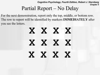 X X X X X X X X X X X X   Partial Report – No Delay For the next demonstration, report only the top, middle, or bottom row.  The row to report will be identified by markers  IMMEDIATELY  after you see the letters. 