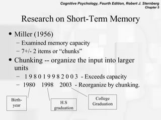 Research on Short-Term Memory Miller (1956) Examined memory capacity 7+/- 2 items or “chunks” Chunking -- organize the input into larger units 1 9 8 0 1 9 9 8 2 0 0 3  - Exceeds capacity 1980  1998  2003  - Reorganize by chunking. Birth-year H.S graduation College Graduation 