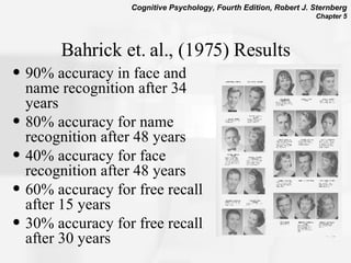 Bahrick et. al., (1975) Results 90% accuracy in face and name recognition after 34 years 80% accuracy for name recognition after 48 years 40% accuracy for face recognition after 48 years 60% accuracy for free recall after 15 years 30% accuracy for free recall after 30 years  