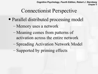 Connectionist Perspective Parallel distributed processing model Memory uses a network Meaning comes from patterns of activation across the entire network  Spreading Activation Network Model Supported by priming effects 