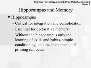 Hippocampus and Memory Hippocampus Critical for integration and consolidation Essential for declarative memory Without the hippocampus only the learning of skills and habits, simple conditioning, and the phenomenon of priming can occur  