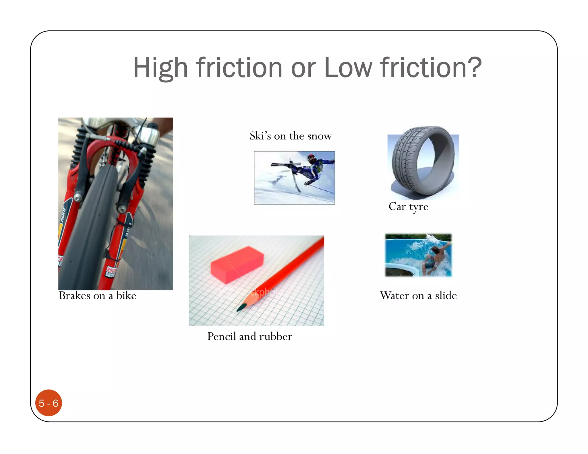 High friction or Low friction?

                                   Ski’s on the snow




                                                        Car tyre




      Brakes on a bike                                 Water on a slide


                           Pencil and rubber



5-6
 