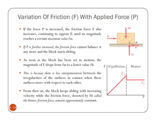 Variation Of Friction (F) With Applied Force (P)
           If the force P is increased, the friction force F also
           increases, continuing to oppose P, until its magnitude
           reaches a certain maximum value Fm.

           If P is further increased, the friction force cannot balance it
           any more and the block starts sliding.

           As soon as the block has been set in motion, the
           magnitude of F drops from Fm to a lower value Fk.

           This is because there is less interpenetration between the
           irregularities of the surfaces in contact when these
           surfaces move with respect to each other.

           From then on, the block keeps sliding with increasing
           velocity while the friction force, denoted by Fk called
           the kinetic-friction force, remains approximately constant.
5 - 14
 