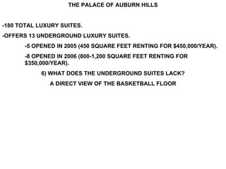 THE PALACE OF AUBURN HILLS -180 TOTAL LUXURY SUITES. -OFFERS 13 UNDERGROUND LUXURY SUITES. -5 OPENED IN 2005 (450 SQUARE FEET RENTING FOR $450,000/YEAR). -8 OPENED IN 2006 (800-1,200 SQUARE FEET RENTING FOR  $350,000/YEAR). 6) WHAT DOES THE UNDERGROUND SUITES LACK? A DIRECT VIEW OF THE BASKETBALL FLOOR 