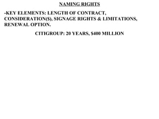 NAMING RIGHTS -KEY ELEMENTS: LENGTH OF CONTRACT, CONSIDERATION($), SIGNAGE RIGHTS & LIMITATIONS, RENEWAL OPTION. CITIGROUP: 20 YEARS, $400 MILLION 